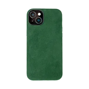 Groene smartphonehoes met een ruwe textuur, de achterkant zichtbaar met een camerabovenhoek en lenzen in de linkerbovenhoek.