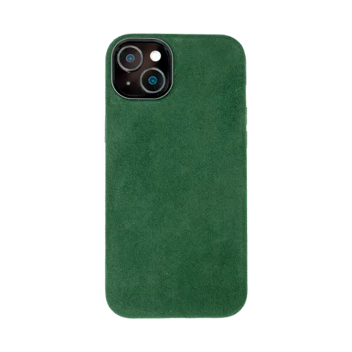 Groene smartphonehoes met een ruwe textuur, de achterkant zichtbaar met een camerabovenhoek en lenzen in de linkerbovenhoek.