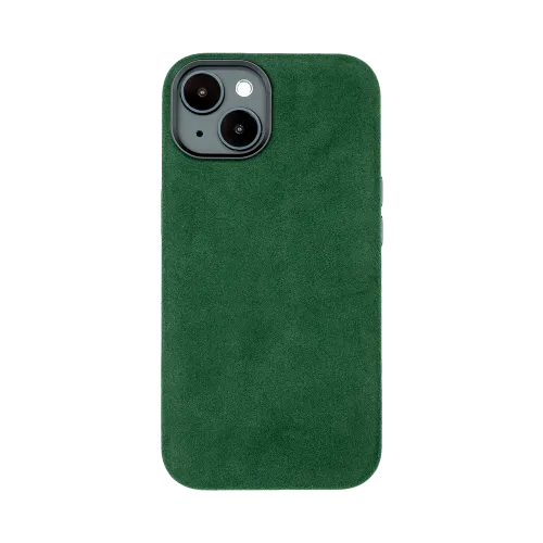 Donkergroen telefoonhoesje met een structuur van suède, ontworpen voor een model met twee camera's en een flitser.