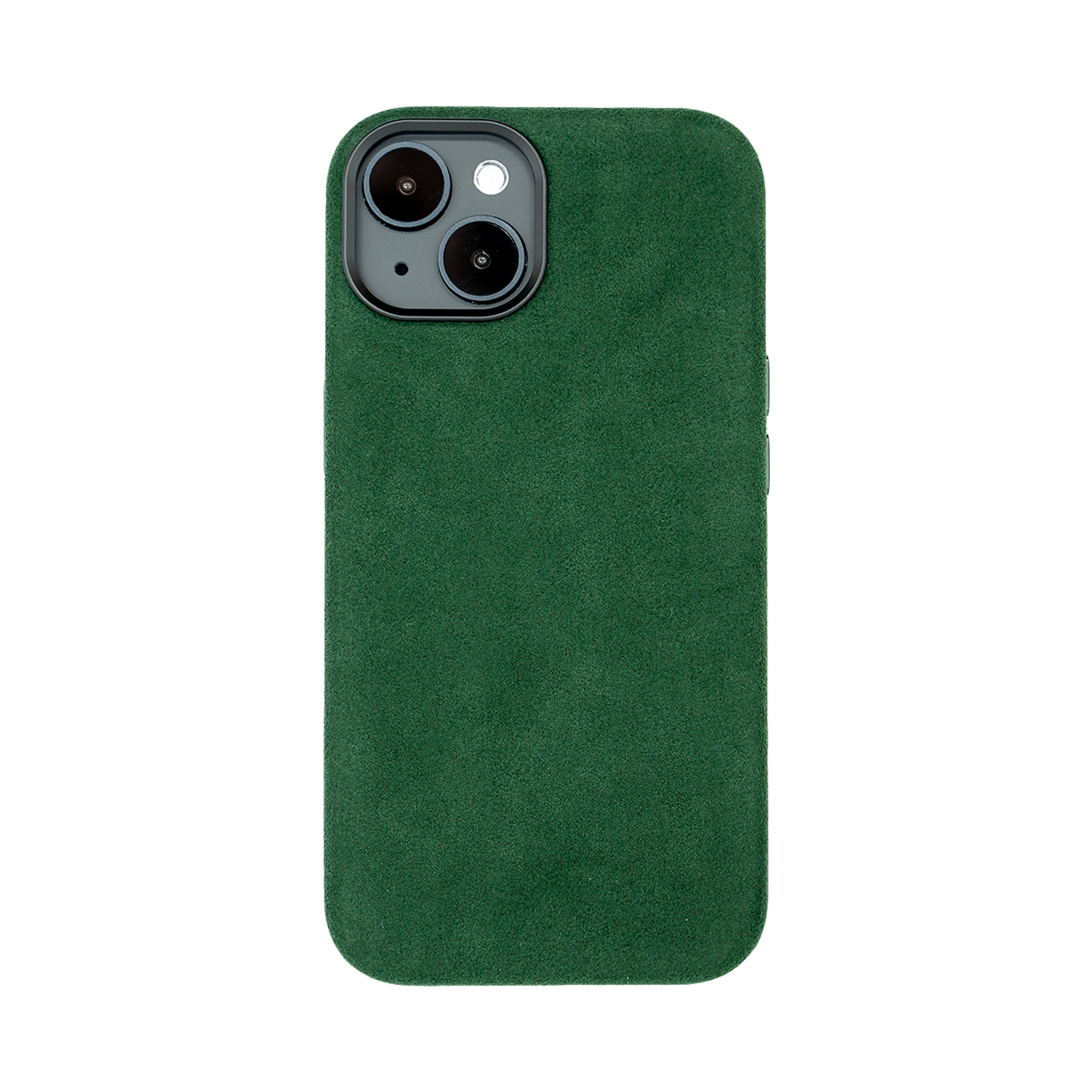 Donkergroen telefoonhoesje met een structuur van suède, ontworpen voor een model met twee camera's en een flitser.