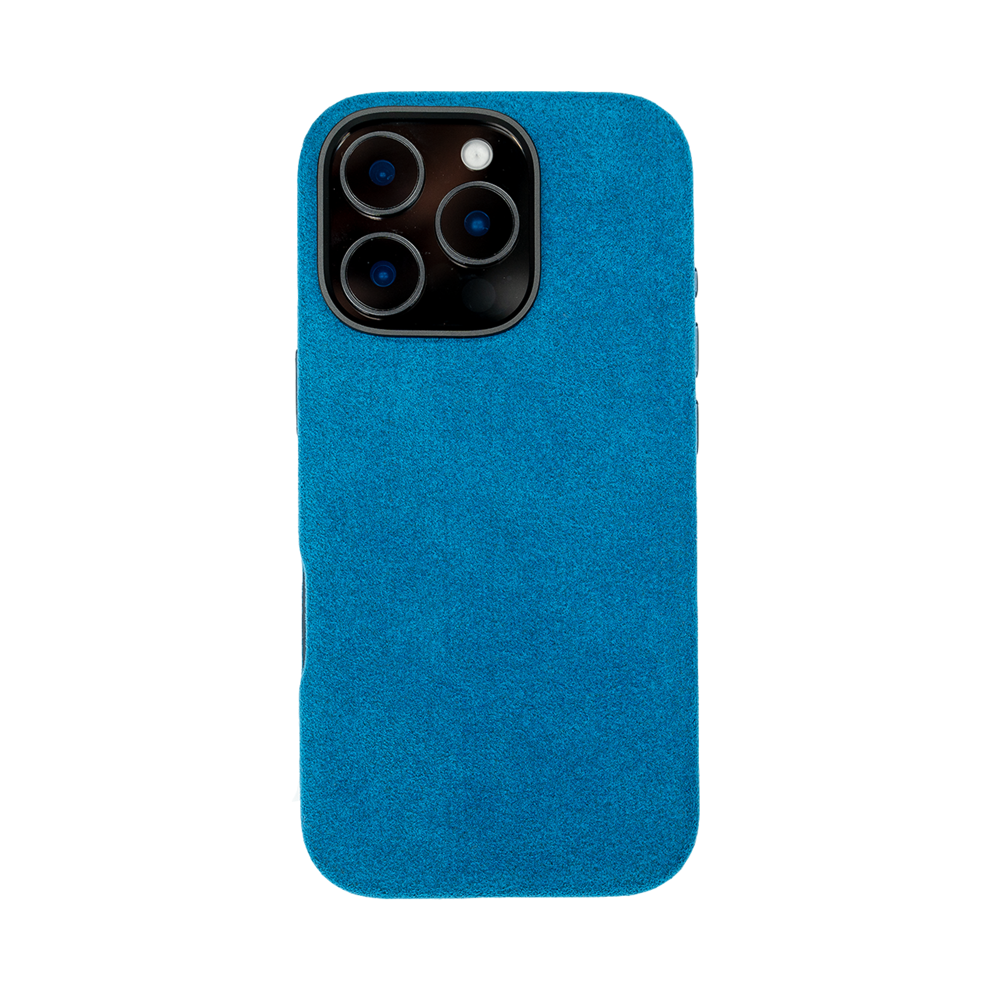 Blauwe stoffen smartphonehoes met uitpparing voor drie camera's en een flitser.