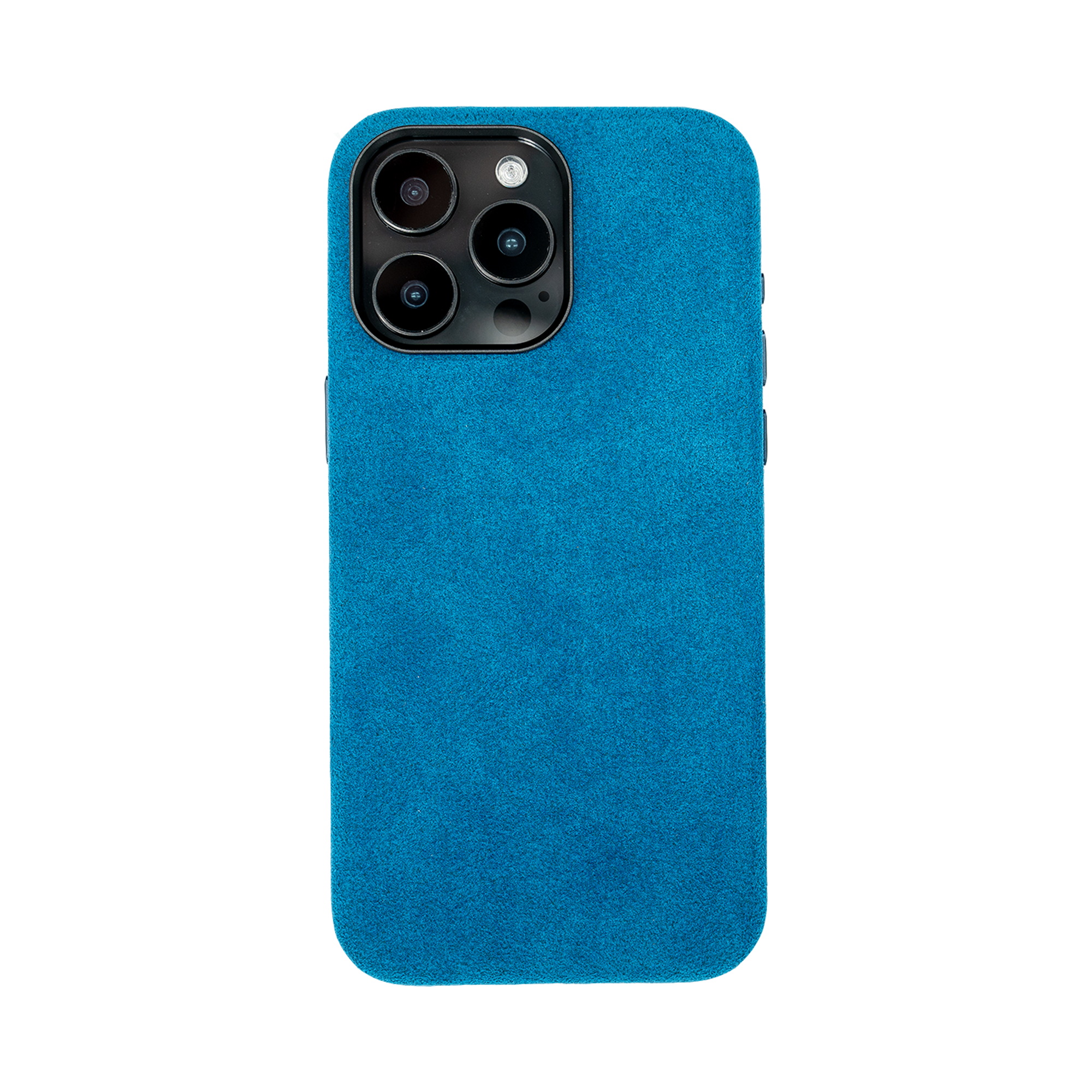 Achterkant van een telefoon in een blauwe suède hoes, met drie grote cameralenzen linksboven.