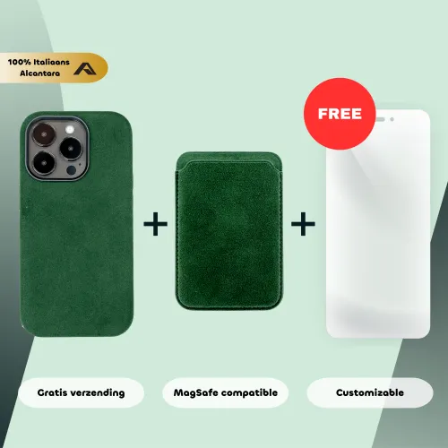 Groene Alcantara telefoonhoes en kaarthouder met MagSafe-compatibiliteit. Aanbieding voor gratis gepersonaliseerde screenprotector. Gratis verzending.