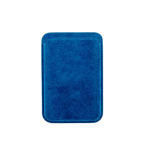 Blauw lederen kaart- of pasjeshouder met een eenvoudige rechthoekige vorm.