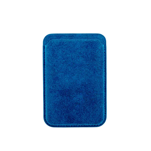 Blauw lederen kaart- of pasjeshouder met een eenvoudige rechthoekige vorm.
