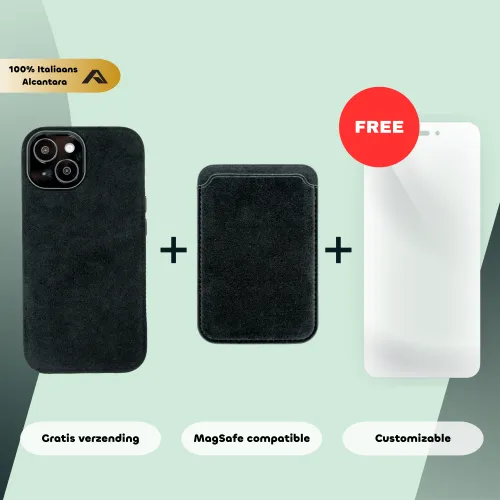 Telefoonhoes en kaarthouder van 100% Italiaans Alcantara met gratis verzending. MagSafe compatibel en aanpasbaar, met een gratis wit accessoire erbij.