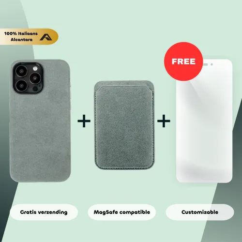 Telefoonhoesje en kaarthouder van Italiaans Alcantara, plus gratis wit object. Inclusief gratis verzending, MagSafe compatibiliteit en aanpasbare opties.