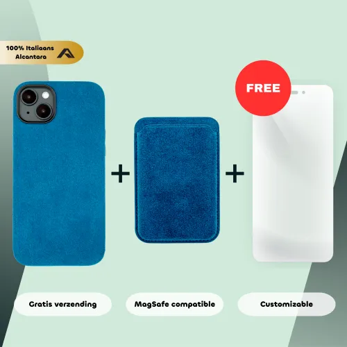 Blauwe Alcantara iPhone-hoes en kaartportemonnee met gratis extra schermbescherming. Tekst: "100% Italiaans Alcantara", "Gratis verzending", "MagSafe compatibel", "Customizable".