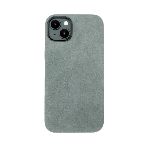 Grijze smartphone in een hoesje met twee camera's en een flitser aan de achterkant, gericht naar boven.