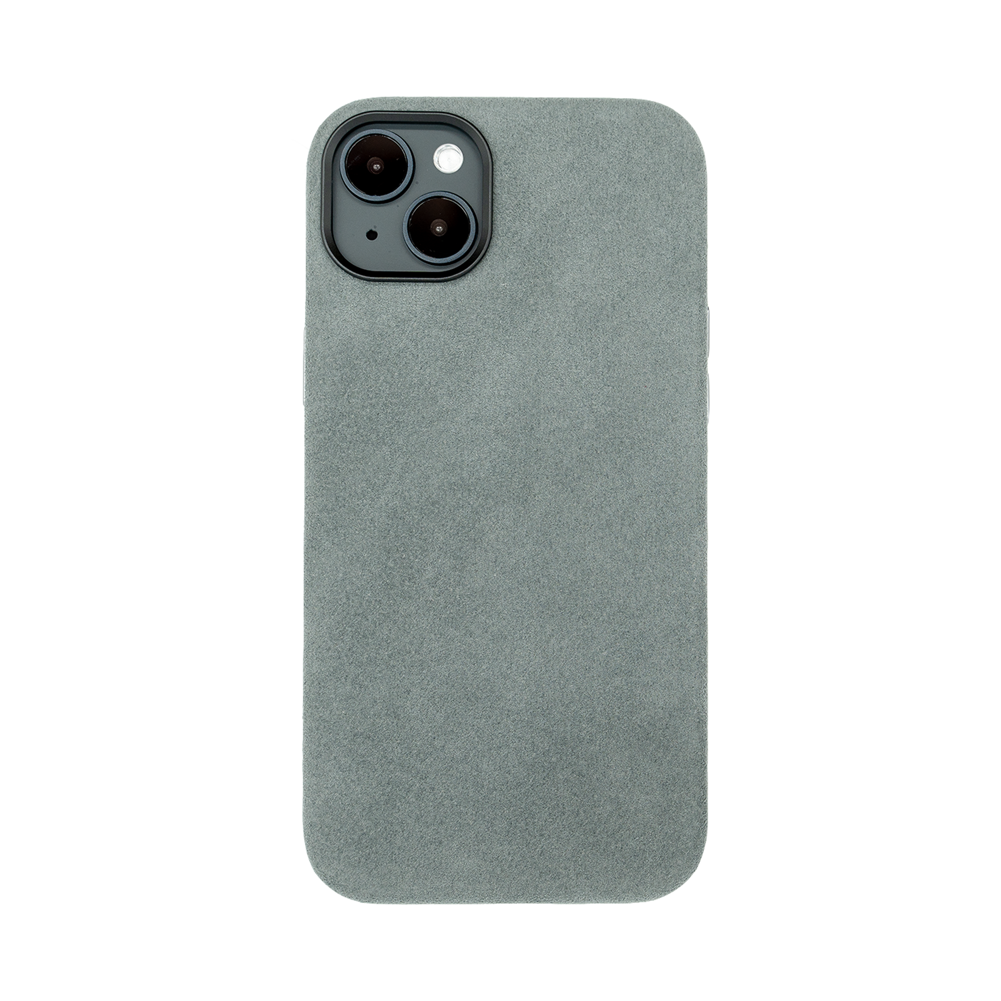 Grijze smartphone in een hoesje met twee camera's en een flitser aan de achterkant, gericht naar boven.