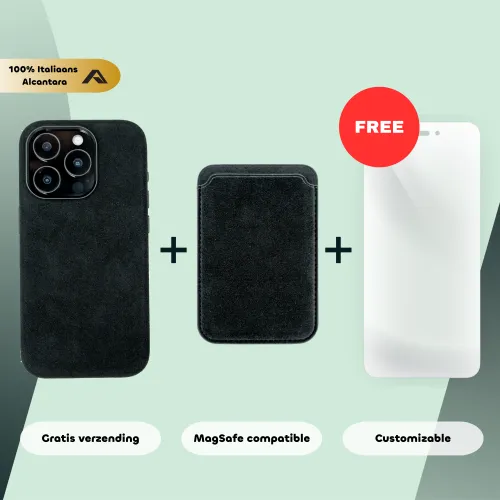 Telefoonhoesje en houder van Italiaans Alcantara, met gratis MagSafe compatibele accessoire. Inclusief gratis verzending en aanpasbaar ontwerp op een groene achtergrond.