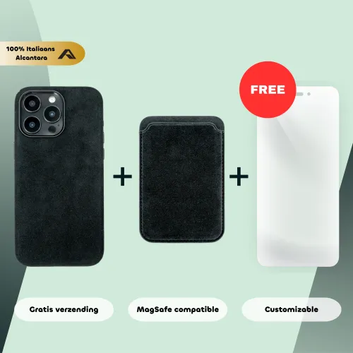 Telefoonhoesje en kaarthouder van Italiaans Alcantara, MagSafe-compatibel, met gratis hoes. Tekst vermeldt gratis verzending en aanpasbaarheid.