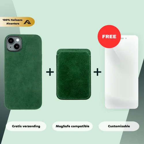 Groene telefoonhoes en kaartportemonnee van 100% Italiaans Alcantara met MagSafe, aangeboden met een gratis customizable product en gratis verzending.