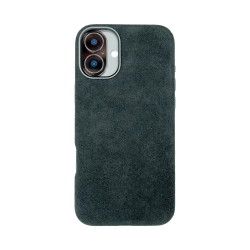Donkere telefoonhoes met een zachte, suède-achtige textuur op een smartphone met dubbele camera.
