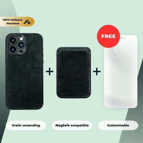 Combinatieaanbieding van zwarte Alcantara telefoonhoes, bijpassende kaarthouder en gratis schermbeschermer. Inclusief gratis verzending, MagSafe compatibiliteit, en aanpasbare opties.