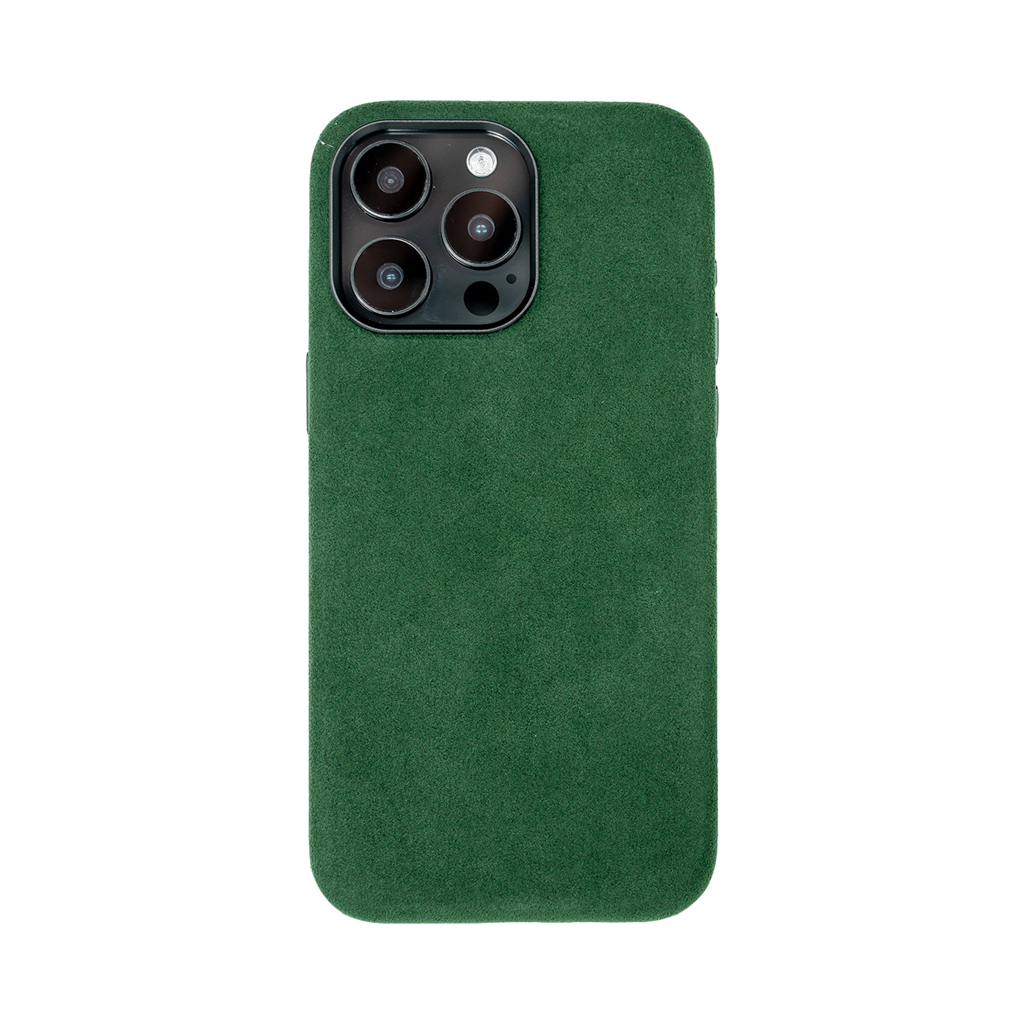 Groene suède telefoonhoes met uitsparing voor drie camera's en een flitser.